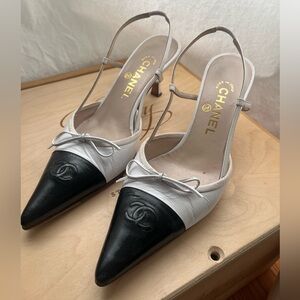 Chanel Vintage Black and White Slingback Heels